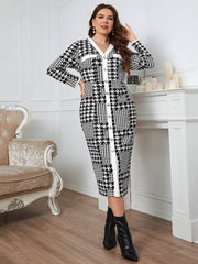 Women's Plaid Plus Size V Neck Dress Long Sleeve Button Detail Bodycon