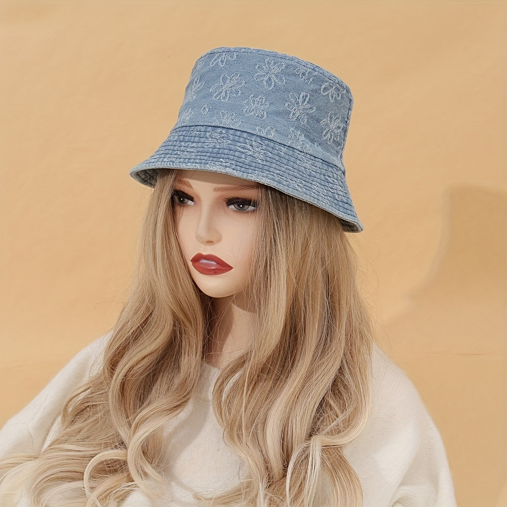 Floral Embroidery Bucket Hat Denim Washed Lightweight Fisherman Cap