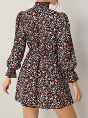  Allover Ditsy Print Lantern Sleeve High Neck Mini Dress