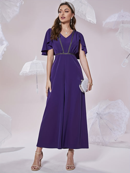 Pleated Cinched Waist V Neck Jumpsuit Casual Cape Sleeve Jumpsuit