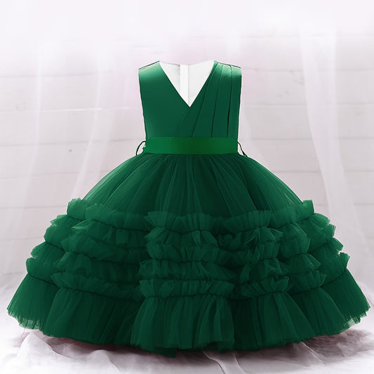 Girls Sleeveless V Neck Mesh Princess Dress with Bowknot Belt