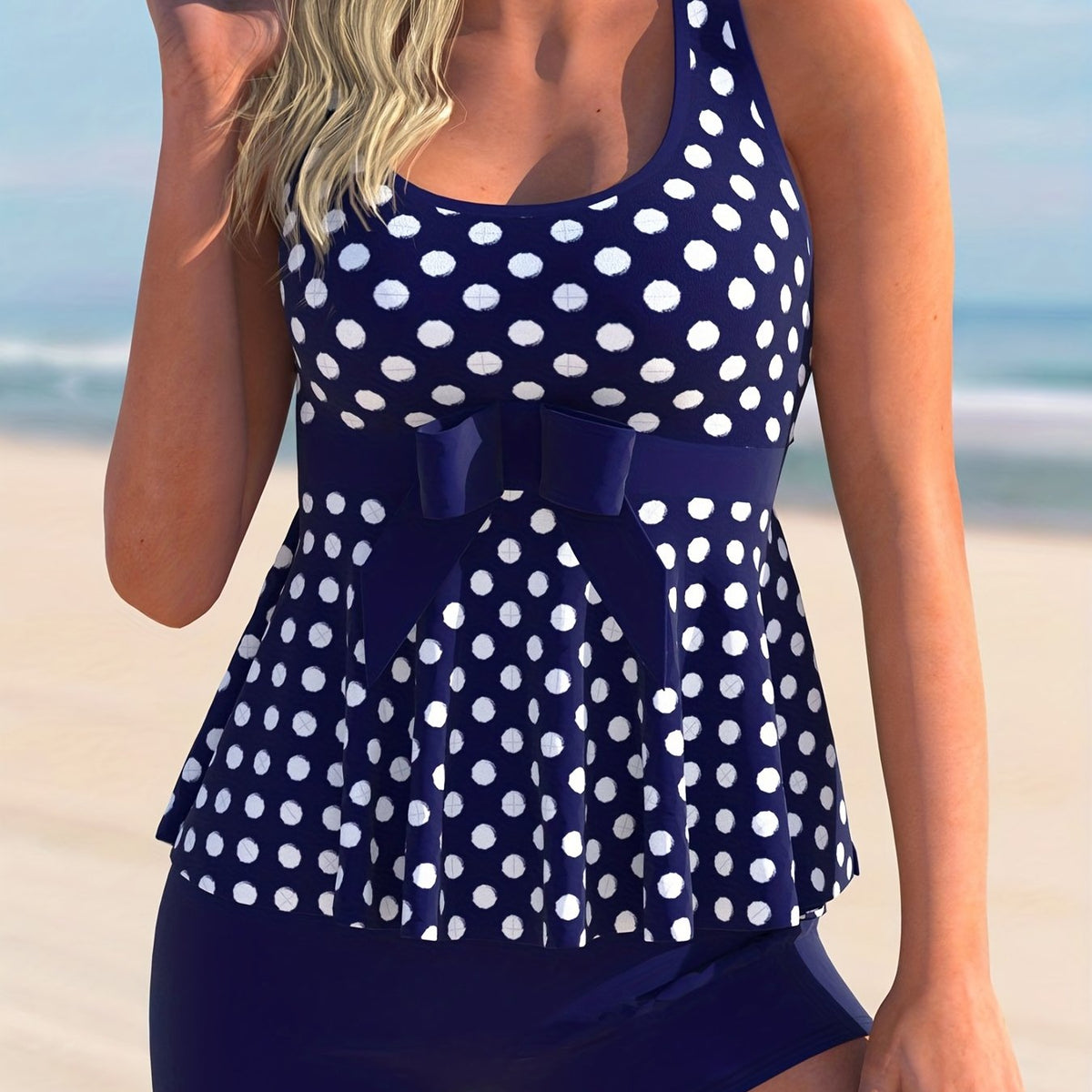 Polka Dot Tankini Set Plus Size Bow Front Crisscross Back Top & Shorts