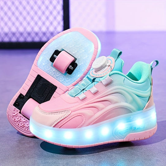 Girl's LED Roller Shoes w/ Rotating Buckle Detachable Wheels Skate Sneakers