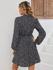 Floral Print Mock Neck Dress Elastic Waist Long Sleeve Mini Dress