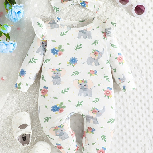 Elephant Graphic Romper & Headband Set for Baby Girls