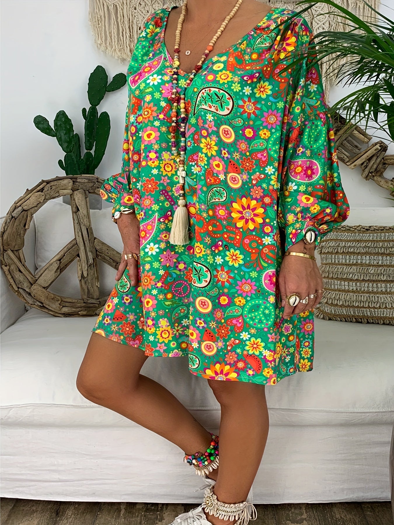 Floral Print V Neck Dress Plus Size Stretch Dress Women