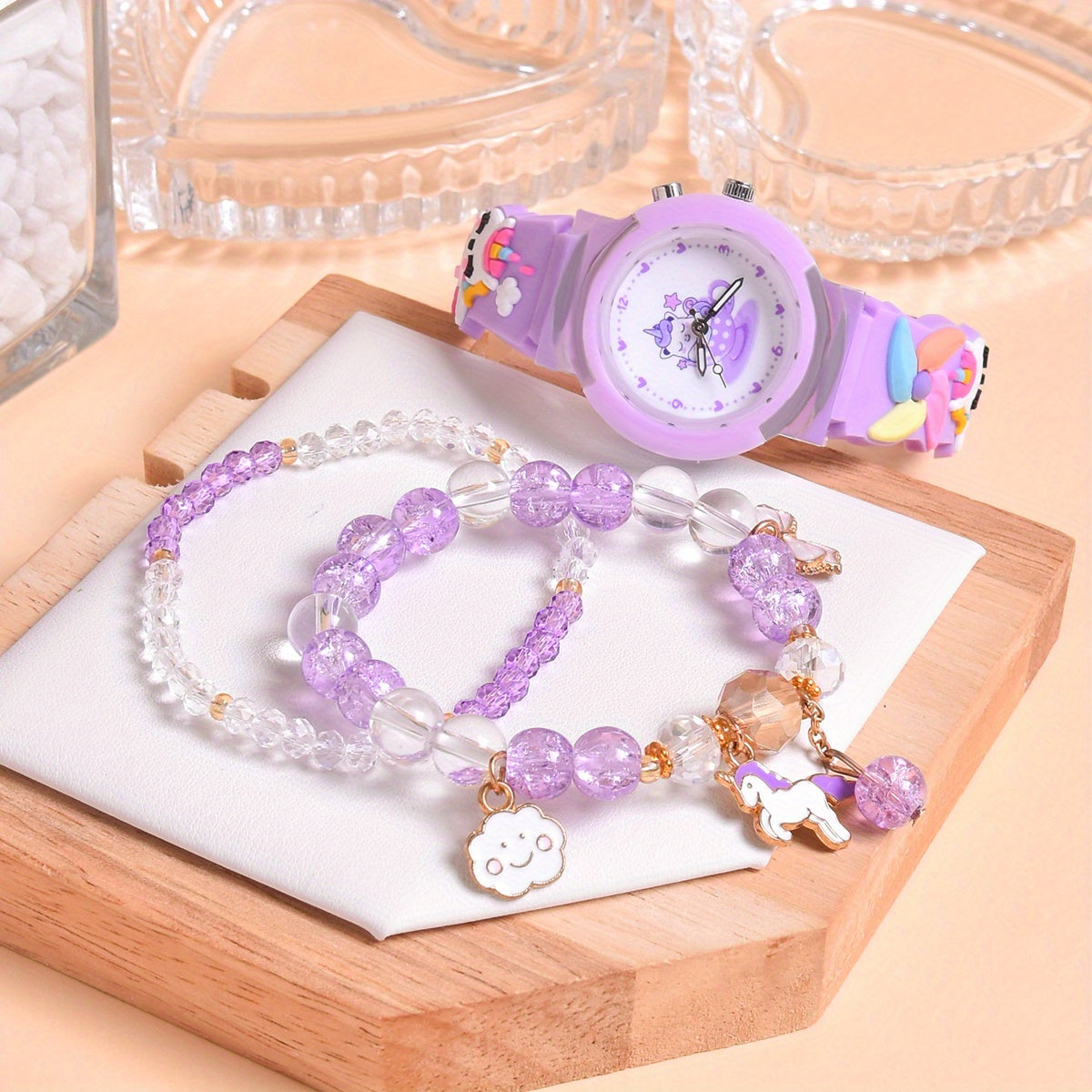 Cute Pony Quartz Watch for Girls with LED Light & Beaded Bracelet Set