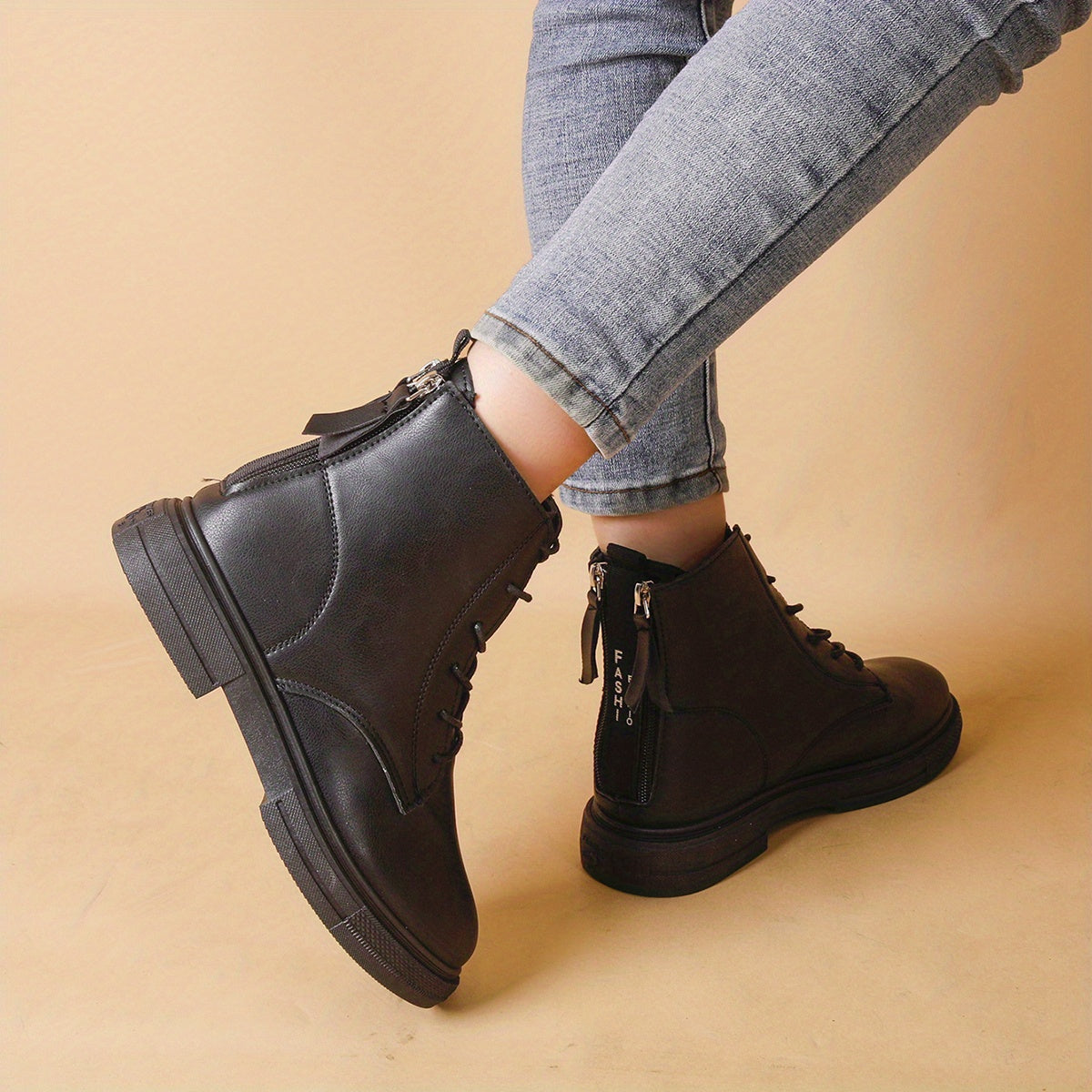 Women's Double Zipper Combat Boots Chunky Low Heel Short Boots