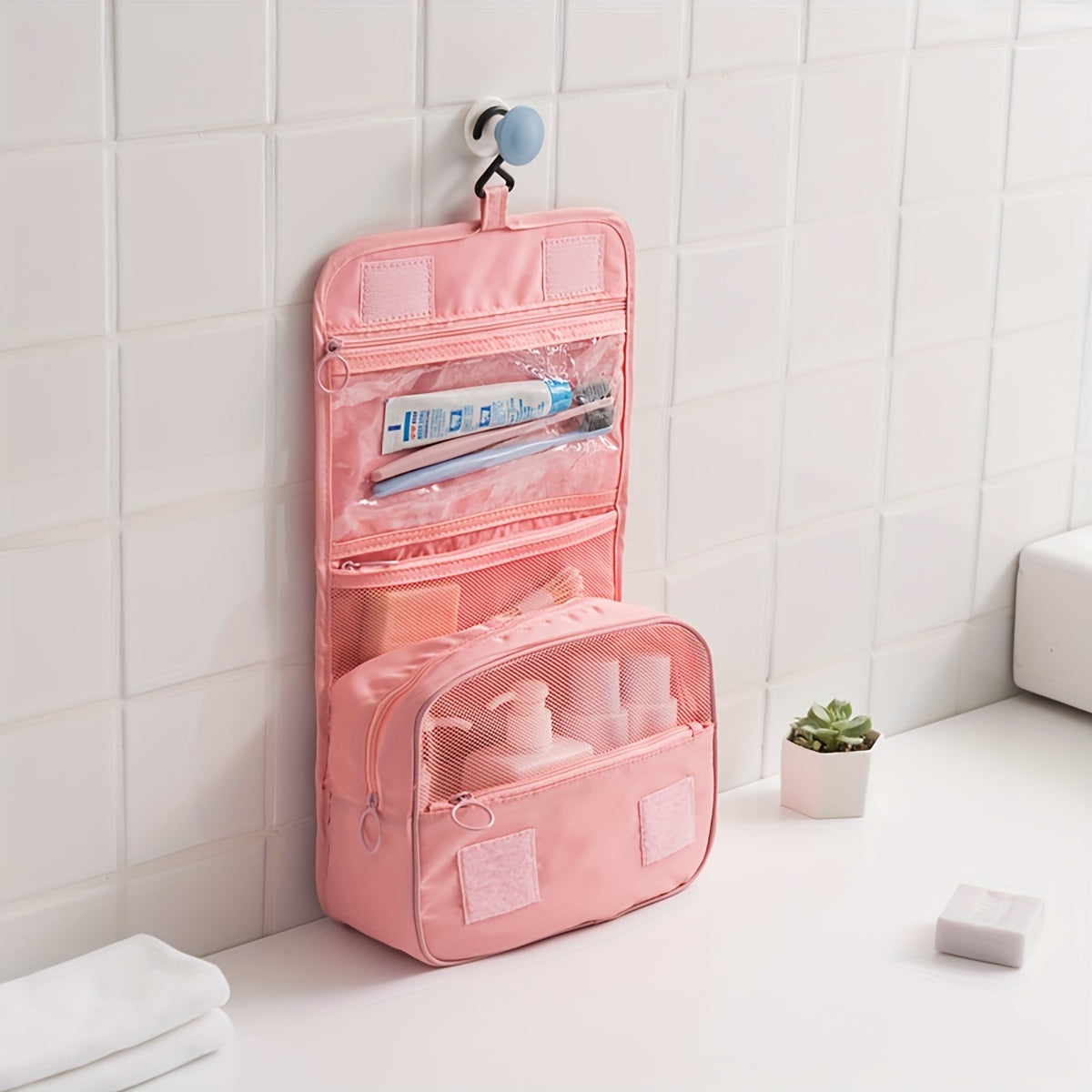 Portable Travel Toiletry Bag Waterproof Storage Mesh Pockets Hook Cosmetic Bag