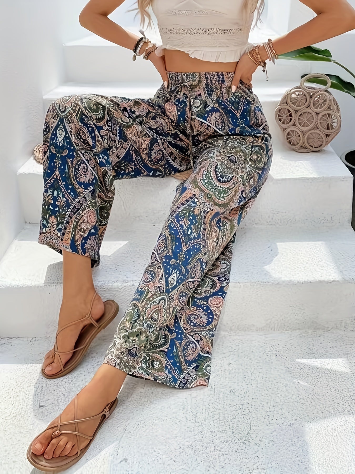  Geometric Print Drawstring Wide Leg Pants