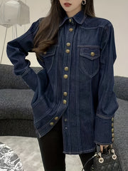 Dark Lapel Denim Jackets Long Sleeves Button Closure Loose Fit