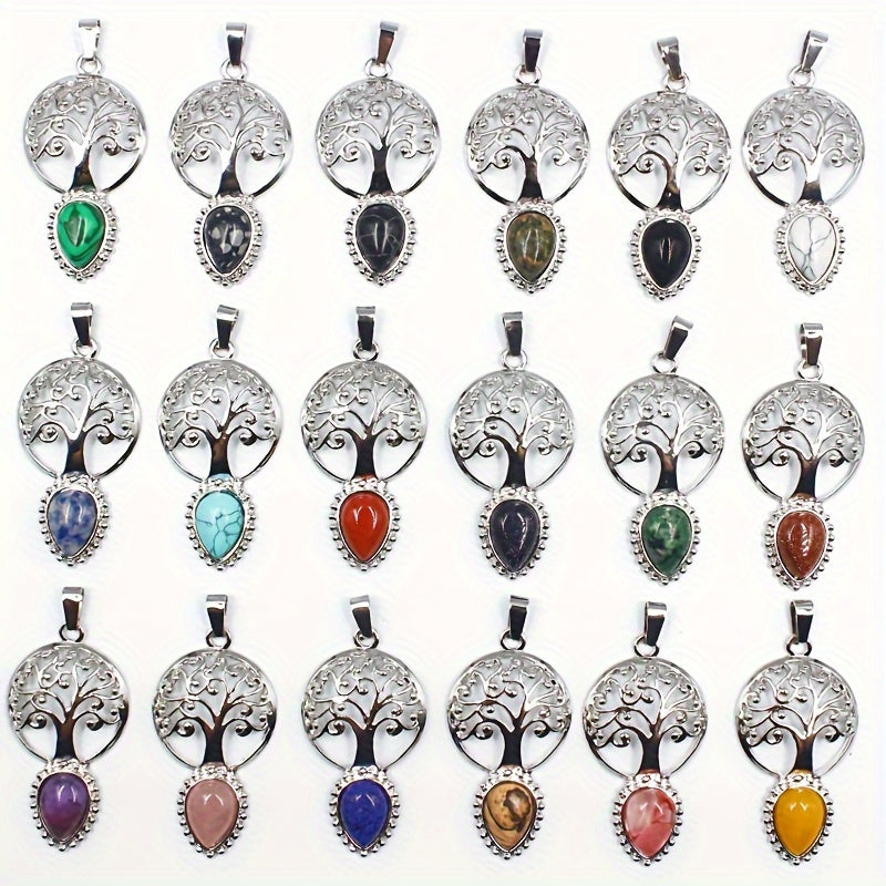 Natural Stone Tree Of Life Water Drop Pendant Agate Amethyst Turquoise Necklace