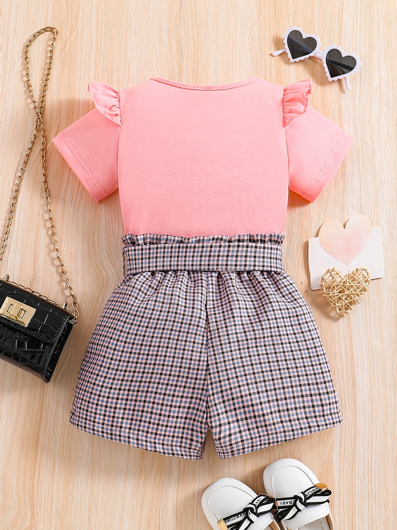 Girls Ruffled Short Sleeve Tee & Plaid Shorts Set with Belt
