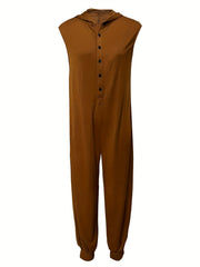 Solid Sleeveless Button Front Jumpsuit With Pockets