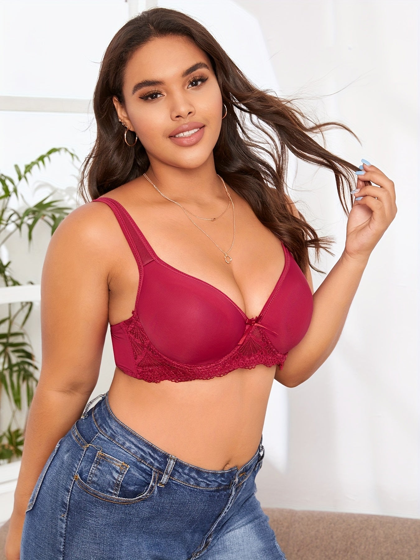  Bra Women's Plus Mini Bow Knot Contrast Lace Trim Bra