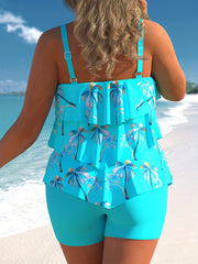 Coconut Tree Print Tankini Set Women's Plus Casual Layered Cami Top