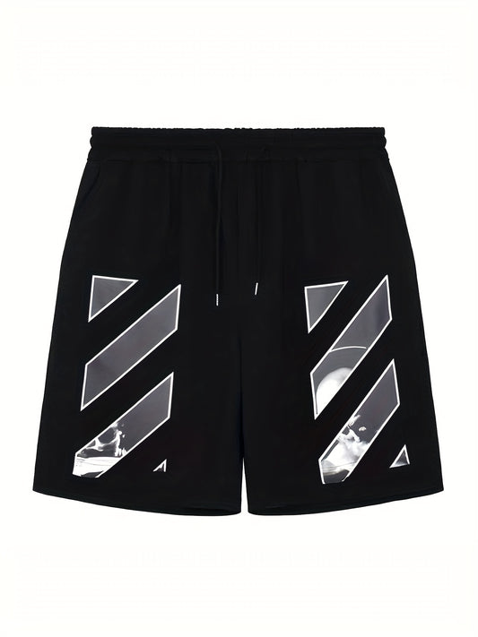 Solid Stripe Pattern Comfy Shorts Men's Drawstring Shorts