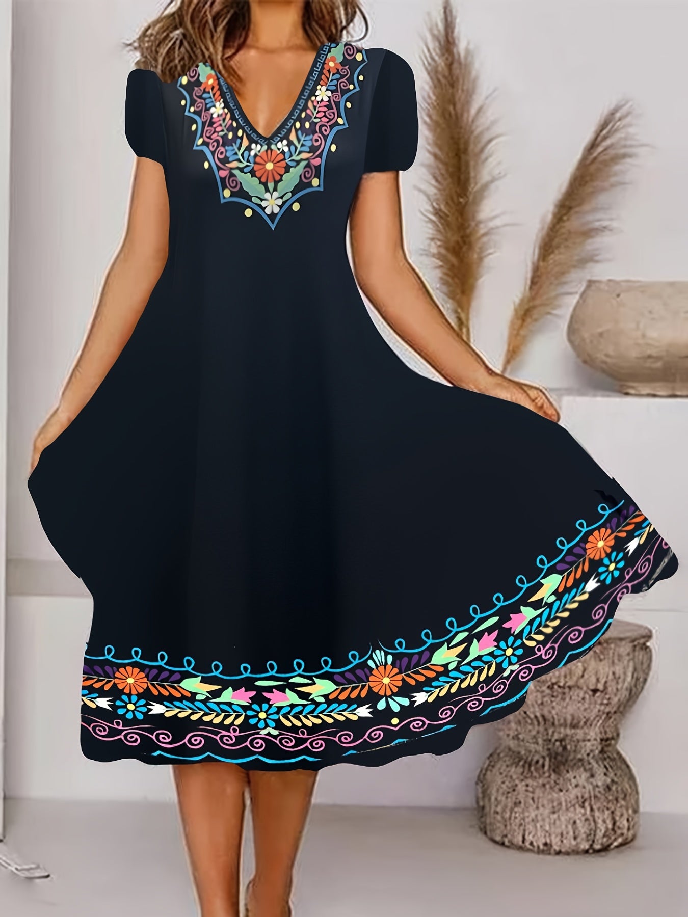 Floral Print V Neck Plus Size Casual Dress