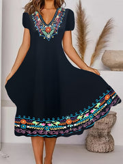 Floral Print V Neck Plus Size Casual Dress