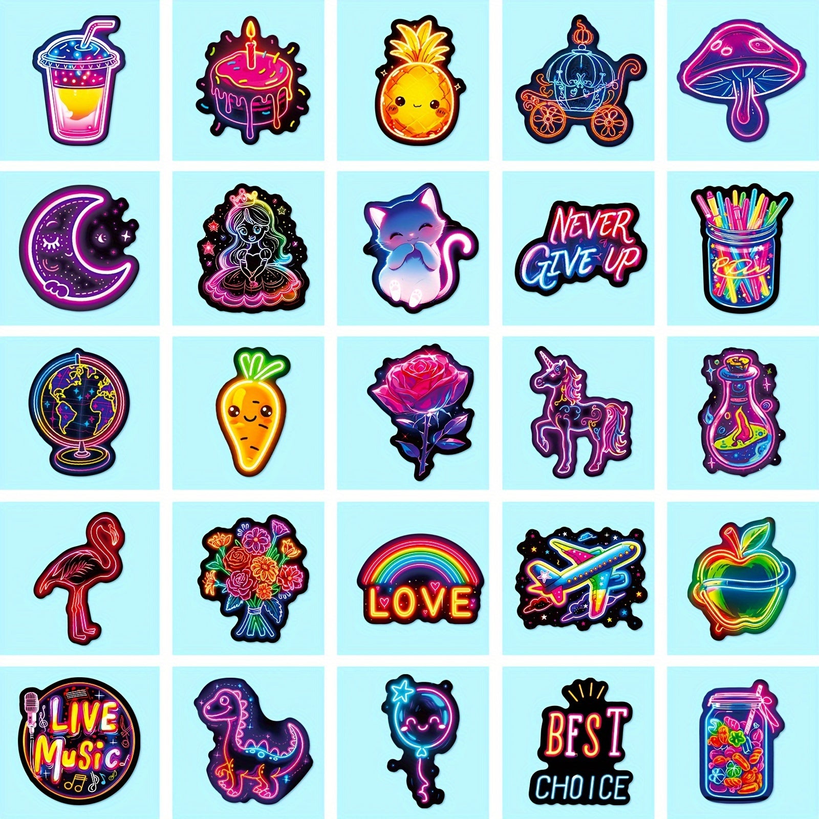 Neon Cartoon Stickers Pack of 50 Reusable Decals for Plastic Surfaces