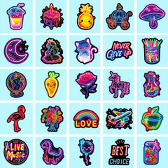 Neon Cartoon Stickers Pack of 50 Reusable Decals for Plastic Surfaces