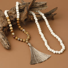 Men's Natural Stone & Wood Beads Tassel Necklace