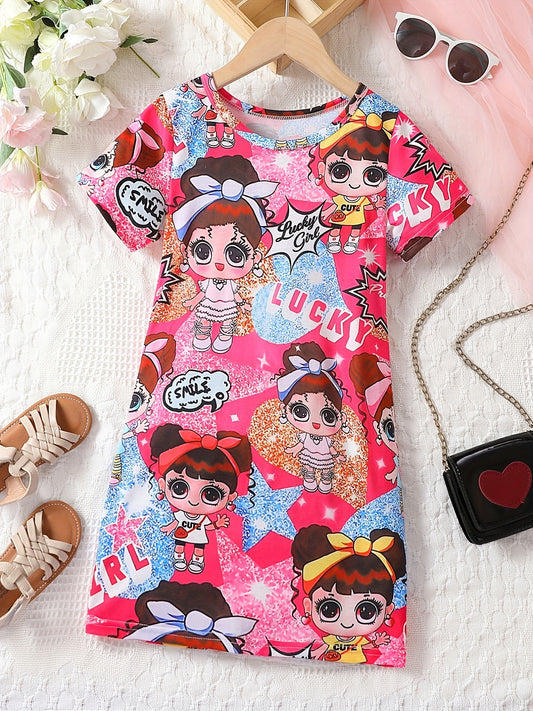 Toddler Girls Dress ''Cartoon Girl'' Graphic Short Sleeve Casual T Shirt Dress