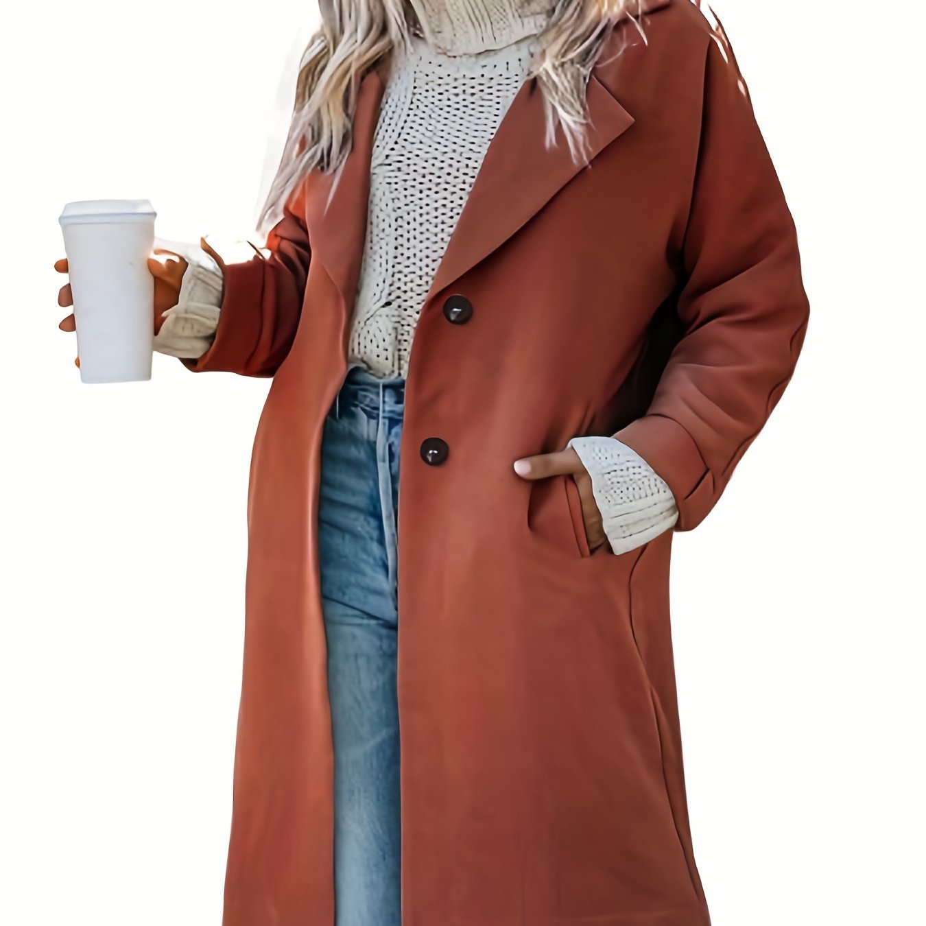 Solid Single Breasted Pea Coat Long Sleeve Overcoat For Fall & Winter