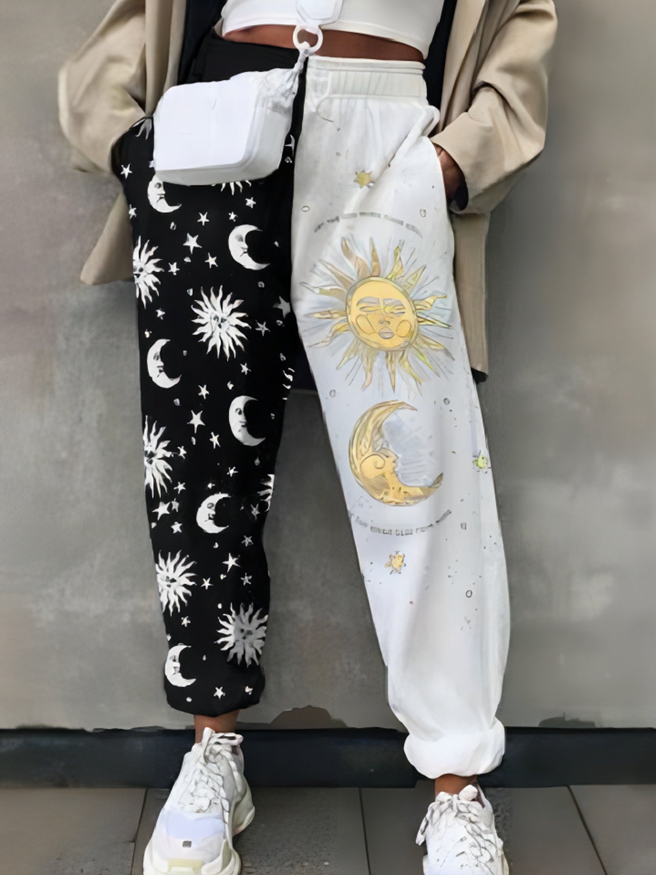  Sun & Moon Print Elastic High Rise Jogger Trousers with Pockets