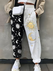  Sun & Moon Print Elastic High Rise Jogger Trousers with Pockets