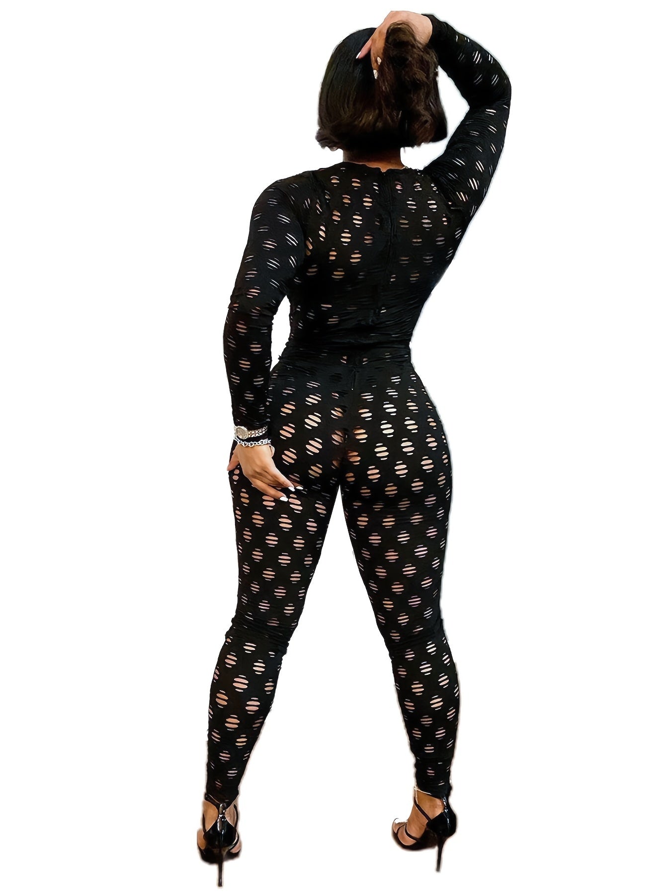 Hollow Zip Back Jumpsuit Sexy Bodycon Long Sleeve Jumpsuit