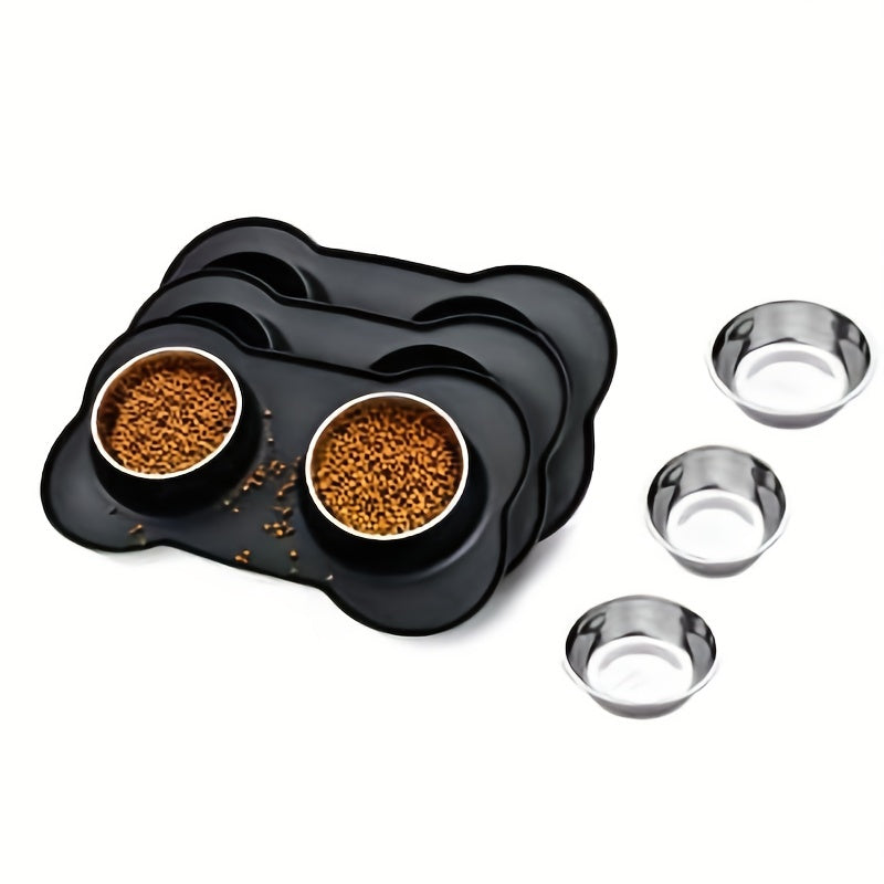 Stainless Steel Double Dog Bowl with No Spill Silicone Mat