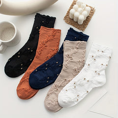 5 Pairs Floral Print Socks Comfy & Breathable Textured Women's Stockings