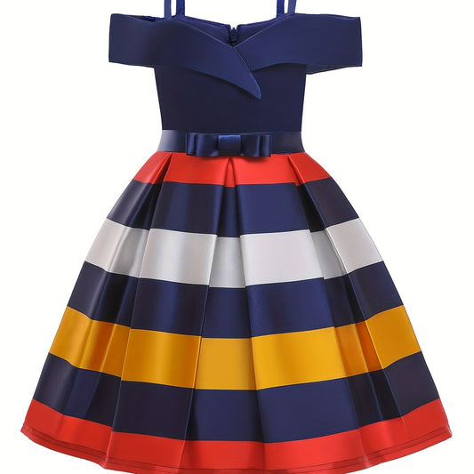 Girls Striped Bow Princess Dress Gown Cold Shoulder Piano Performance