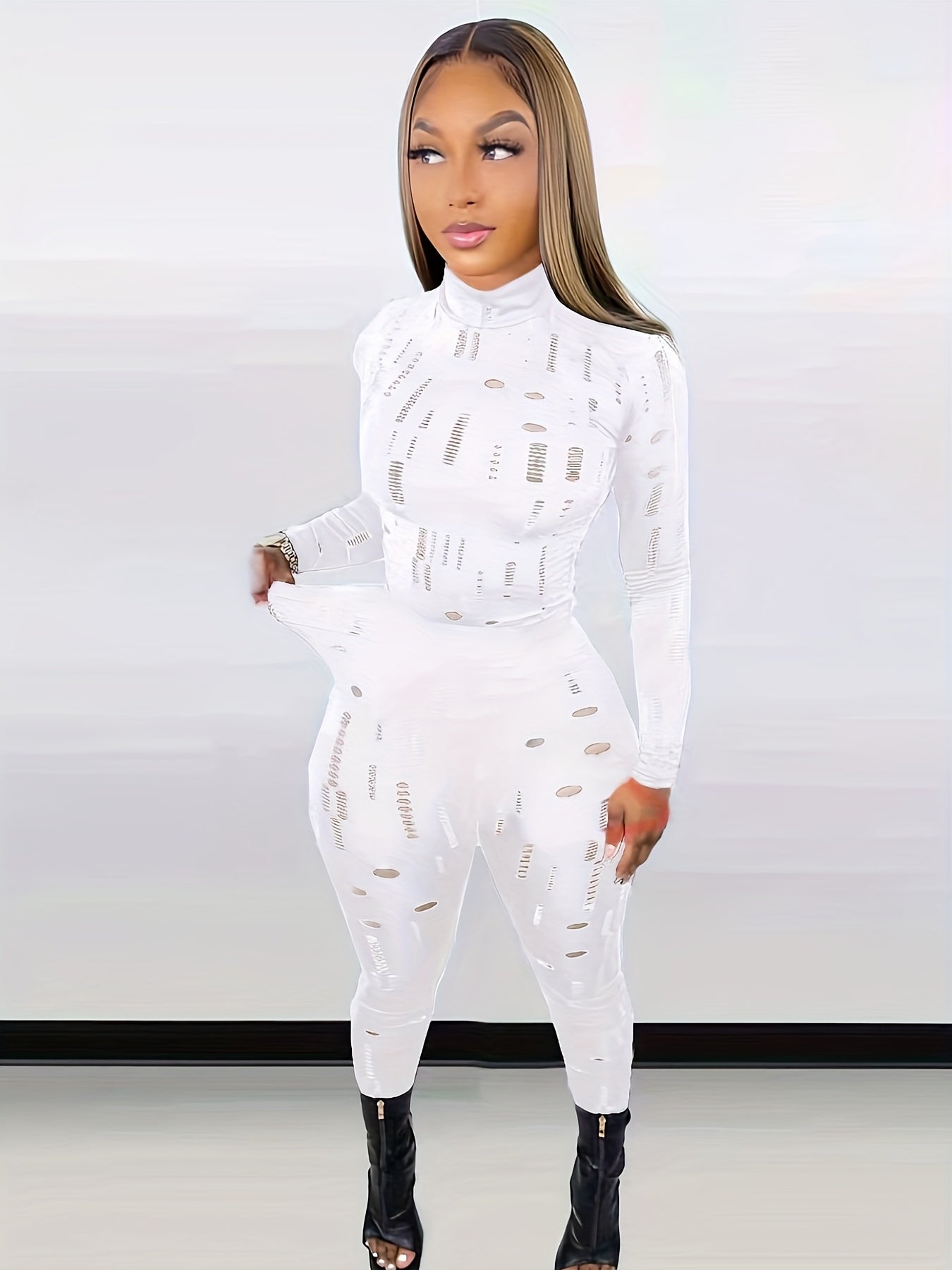 Sexy Cut Out 2pc Set Mock Neck Top & Skinny Pants Outfit