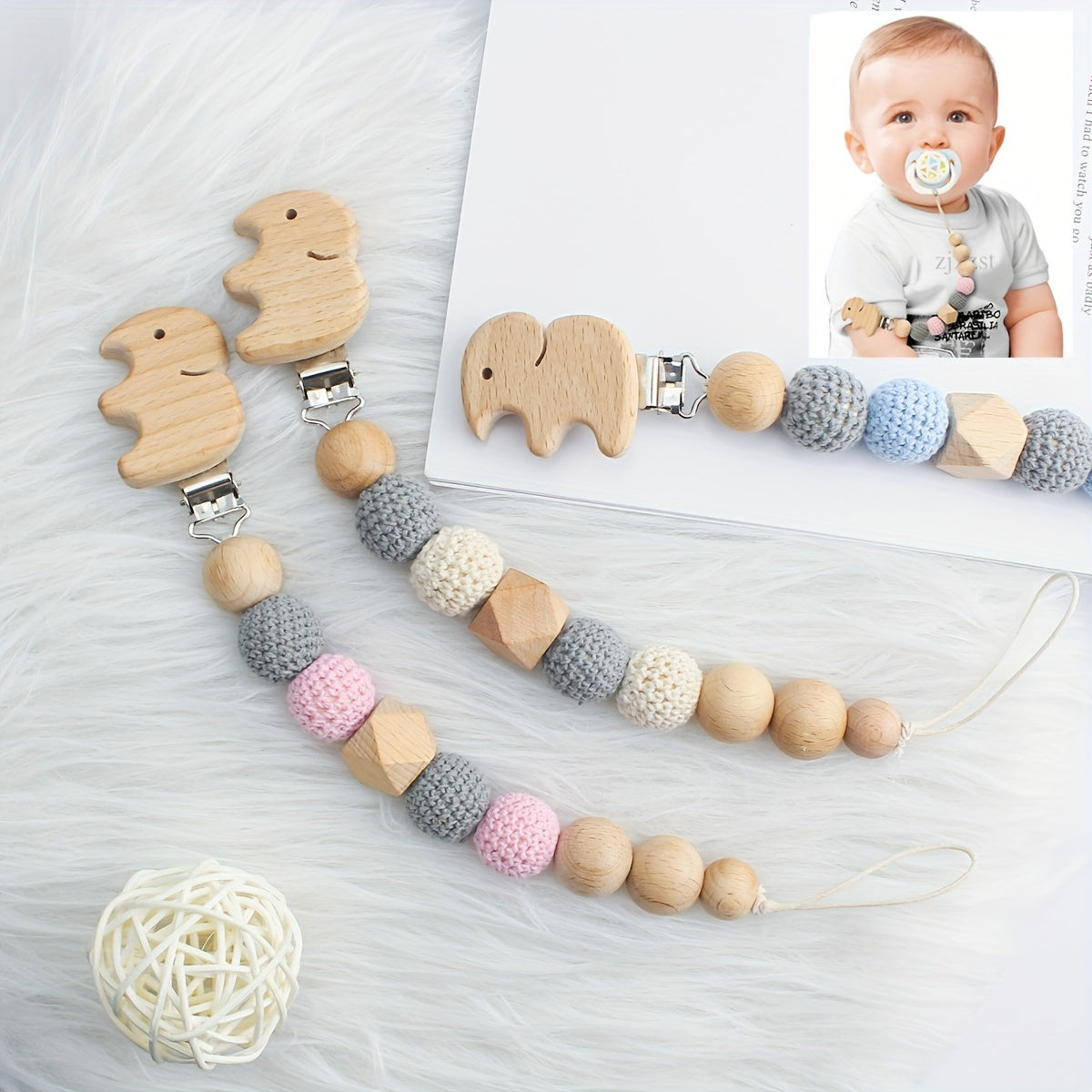 Elephant Wooden Pacifier Clip Strap for Boys Girls