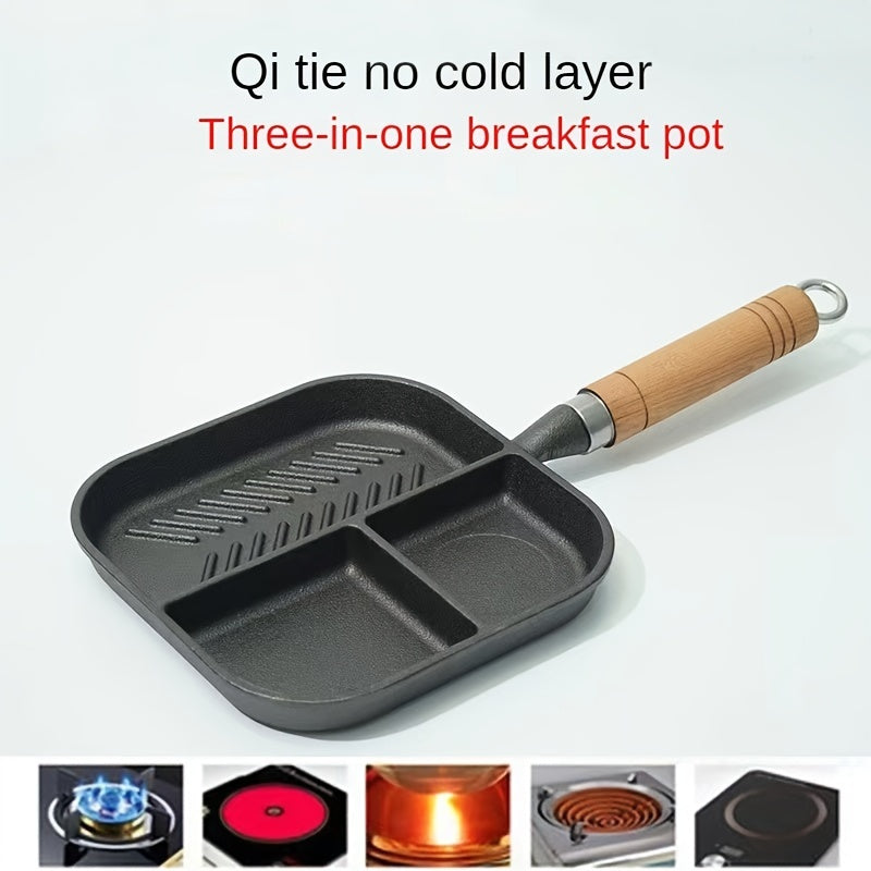 3-Section Cast Iron Frying Pan for Breakfast Grilling Hot Dogs Omelettes Steaks