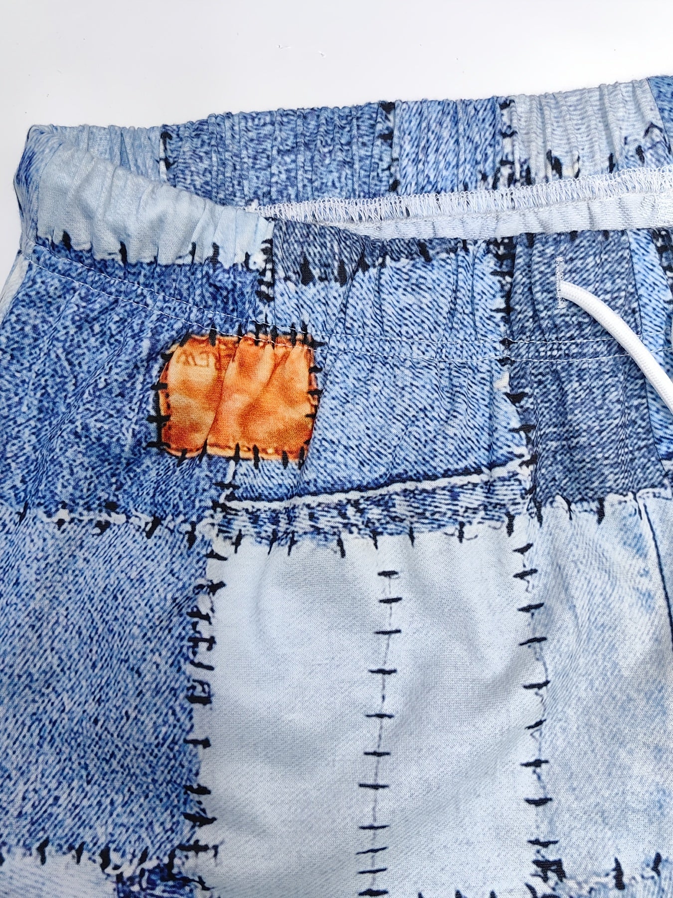  Denim Print Drawstring Trousers With Pockets