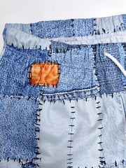  Denim Print Drawstring Trousers With Pockets