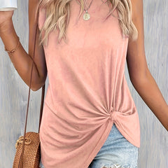  Solid Twist Front Round Neck Tank Top