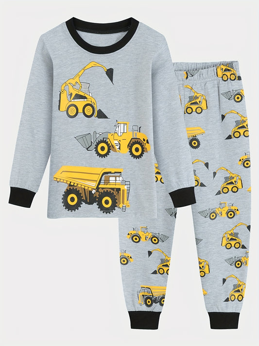 Boys 2pcs Car Print Pajama Set Long Sleeve Top & Trousers Round Neck Comfortable