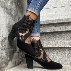 Floral Lace Ankle Boots Pointed Toe Hollow Out Back Zipper Chunky Heels