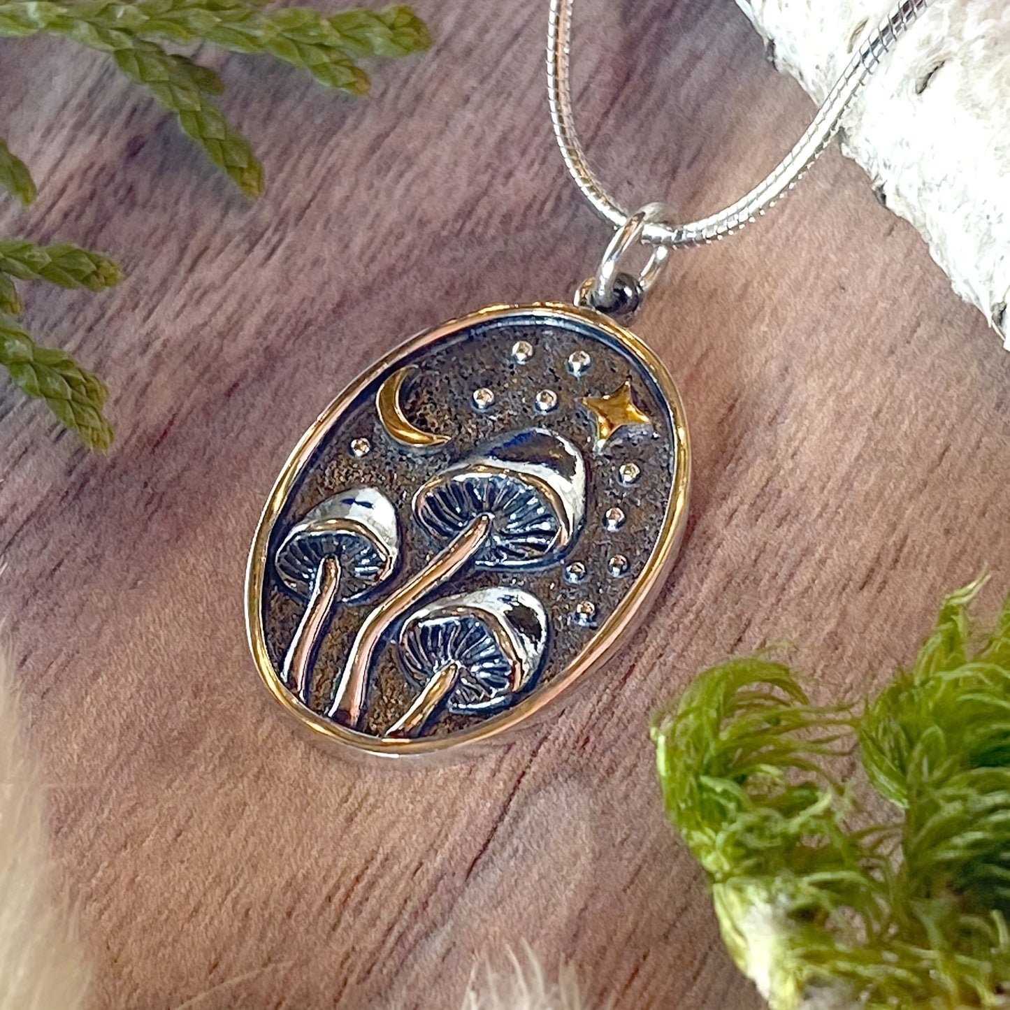 Vintage Mushroom Pendant Necklace Oval Star Moon Mushroom Plant Small Mushroom