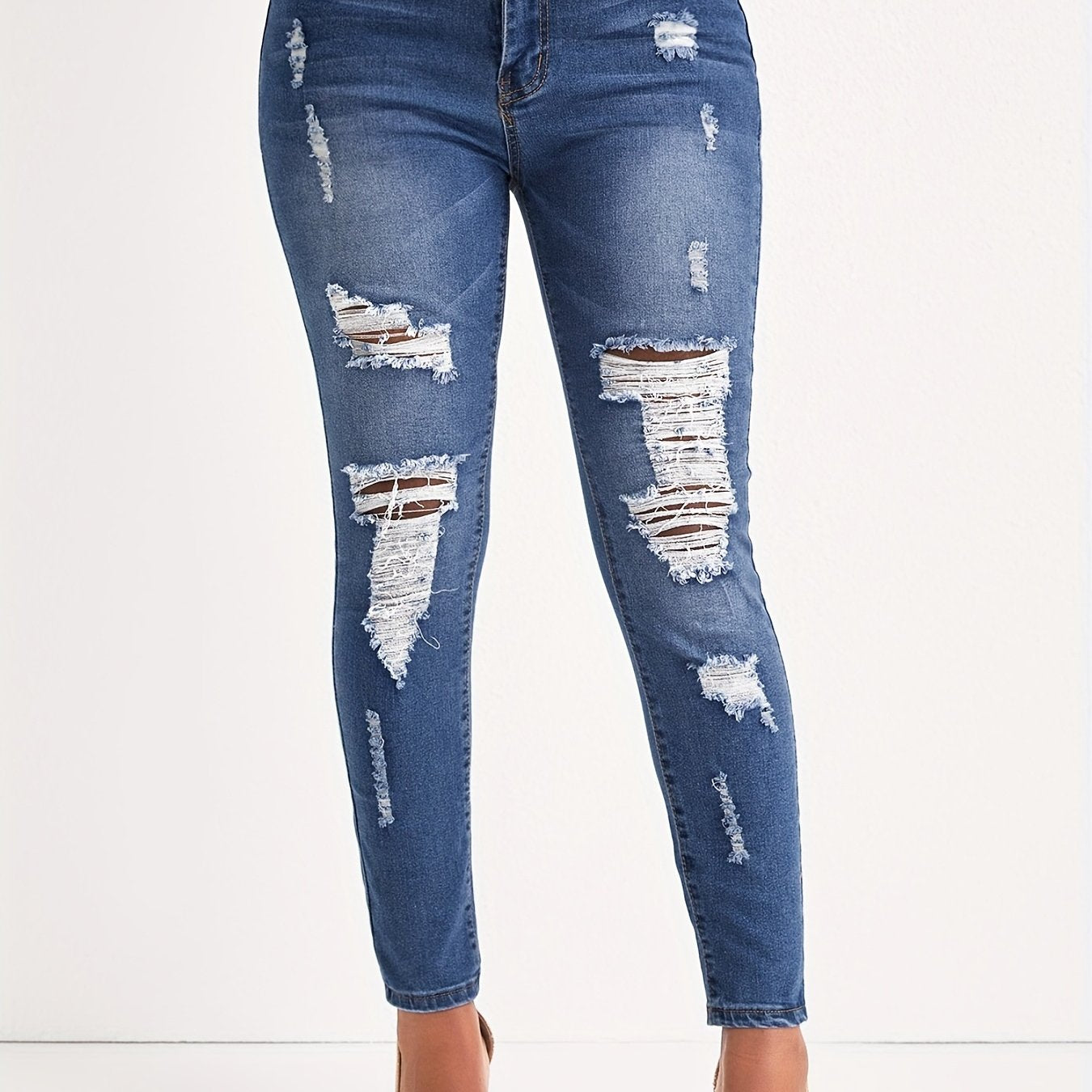 Women's Plus Ripped Skinny Jeans Button Fly Denim Pants