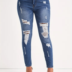 Women's Plus Ripped Skinny Jeans Button Fly Denim Pants