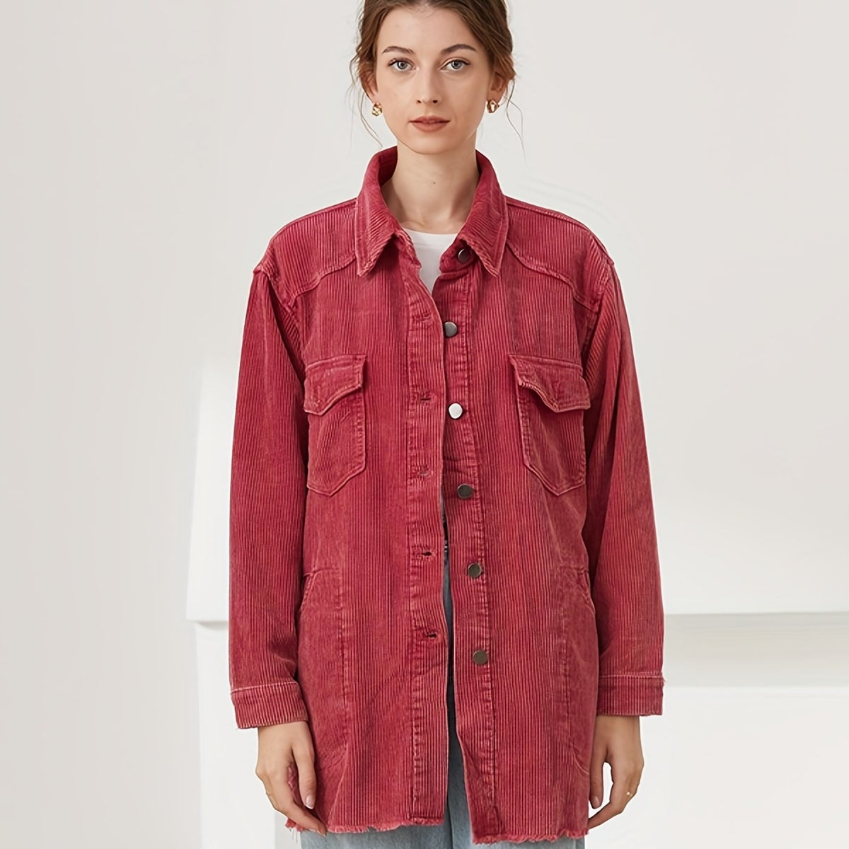 Vintage Solid Button Front Jacket Women's Outerwear