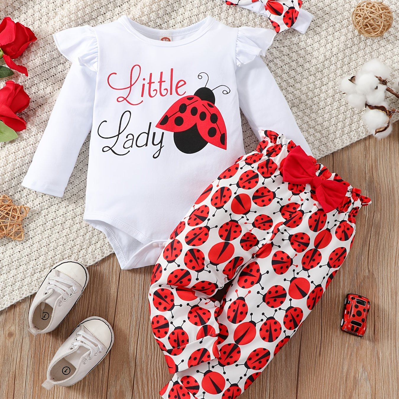 3pcs Newborn Baby Girls Ladybug Cartoon Print Outfit Set