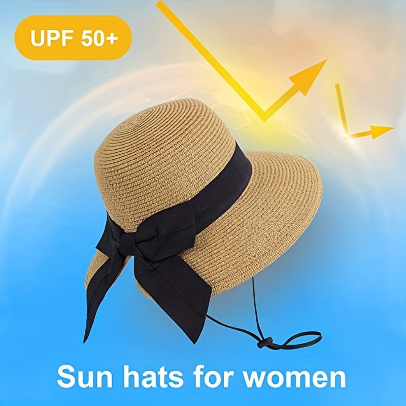 Bowknot Ponytail Sun Hat Wide Brim UV Protection Straw Hat Lightweight Foldable