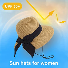 Bowknot Ponytail Sun Hat Wide Brim UV Protection Straw Hat Lightweight Foldable