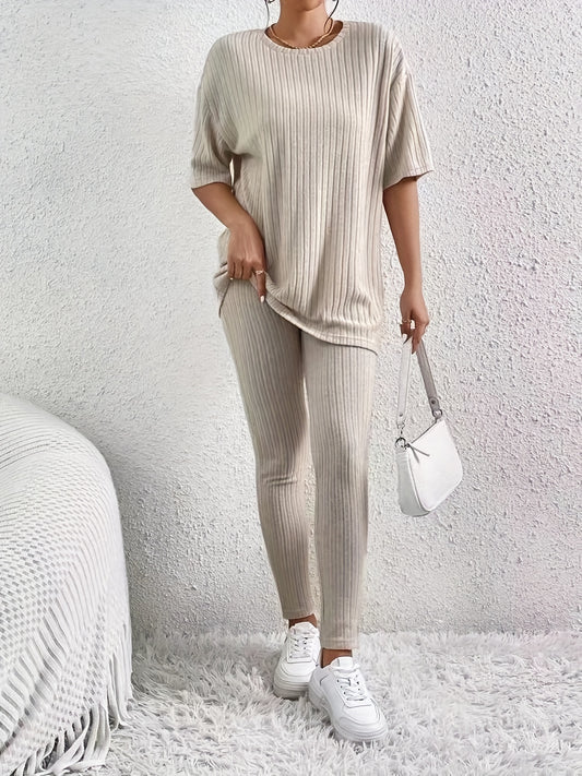 Casual Solid Two-piece Set Drop Shoulder T-shirt & Slim Pants